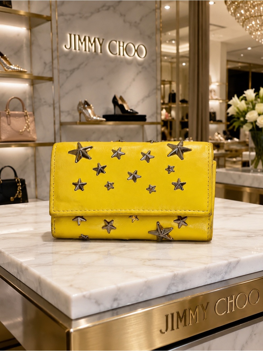 Jimmy Choo Yellow Leather Star-Stud Wallet / key case. EUC